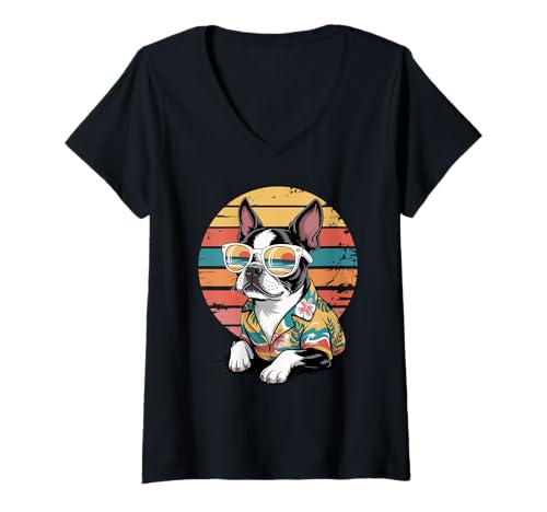 Damen Boston Terrier Sonnenbrille Hawaii Strand Sommer T-Shirt mit V-Ausschnitt Damen Boston Terrier Sonnenbrille Hawaii Strand Sommer T-Shirt mit V-Ausschnitt von Boston Terrier Dog Lover Gifts