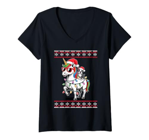Damen Christmas Boston Terrier Unicorn Sunglasses T-Shirt mit V-Ausschnitt Damen Christmas Boston Terrier Unicorn Sunglasses T-Shirt mit V-Ausschnitt von Boston Terrier Dog Lover Gifts