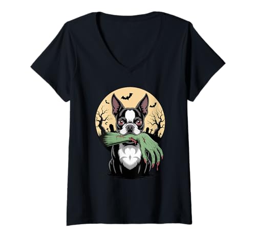 Damen Halloween Mond Zombie Hand Boston Terrier Boston Bull Bostie T-Shirt mit V-Ausschnitt Damen Halloween Mond Zombie Hand Boston Terrier Boston Bull Bostie T-Shirt mit V-Ausschnitt von Boston Terrier Dog Lover Gifts
