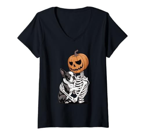 Damen Halloween Skeleton Boston Terrier T-Shirt mit V-Ausschnitt Damen Halloween Skeleton Boston Terrier T-Shirt mit V-Ausschnitt von Boston Terrier Dog Lover Gifts