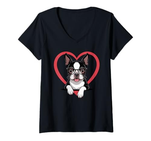Damen Heart Boston Terrier Glasses T-Shirt mit V-Ausschnitt Damen Heart Boston Terrier Glasses T-Shirt mit V-Ausschnitt von Boston Terrier Dog Lover Gifts