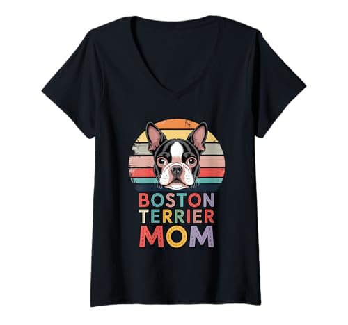 Damen Retro Sonnenuntergang Boston Terrier Mom Bostie T-Shirt mit V-Ausschnitt Damen Retro Sonnenuntergang Boston Terrier Mom Bostie T-Shirt mit V-Ausschnitt von Boston Terrier Dog Lover Gifts