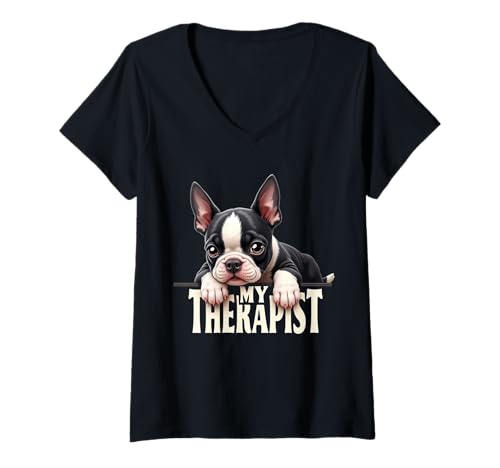 Damen Lustiger Bostie Puppy My Therapist Boston Terrier Hund T-Shirt mit V-Ausschnitt Damen Lustiger Bostie Puppy My Therapist Boston Terrier Hund T-Shirt mit V-Ausschnitt von Boston Terrier Fun Designs