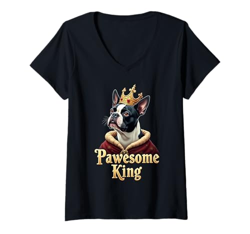 Damen Lustiger Pawesome Boston Terrier King Dog Bostie Art T-Shirt mit V-Ausschnitt Damen Lustiger Pawesome Boston Terrier King Dog Bostie Art T-Shirt mit V-Ausschnitt von Boston Terrier Fun Designs
