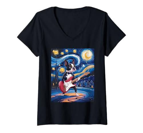 Damen Sternennacht Boston Terrier T-Shirt mit V-Ausschnitt Damen Sternennacht Boston Terrier T-Shirt mit V-Ausschnitt von Boston Terrier Guitar