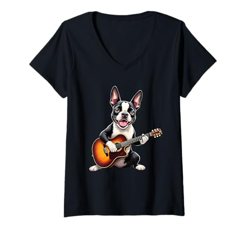 Damen Boston Terrier spielt Gitarre Design Lustiger Boston Terrier T-Shirt mit V-Ausschnitt Damen Boston Terrier spielt Gitarre Design Lustiger Boston Terrier T-Shirt mit V-Ausschnitt von Boston Terrier Lovers Designs
