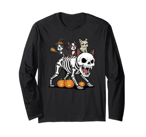 Boston Terrier Skelett Mama Hexe Halloween Herren Damen Langarmshirt von Boston Terrier Lovers Halloween Outfits Boy Girl