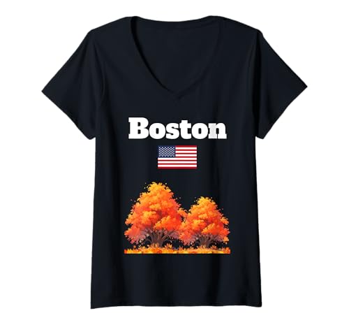 Damen Boston Herbst Baum Herbst Laub Massachusetts US-Flagge T-Shirt mit V-Ausschnitt von Boston autumn enthusiast souvenir apparel