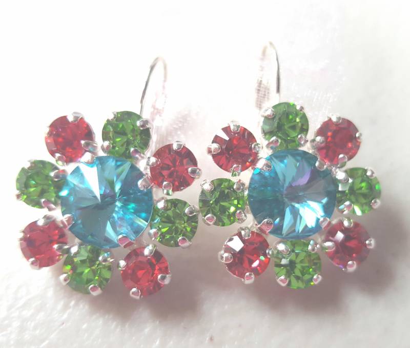Türkis, Koralle Und Peridot Kristall Cluster Ohrringe - Gemacht Mit Swarovski Elements von BostonSparkleStudio