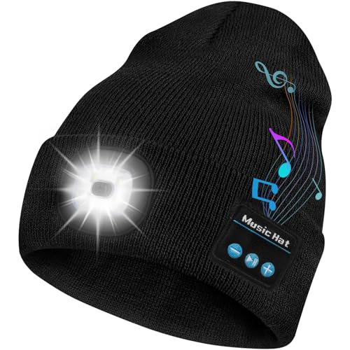 Bosttor Bluetooth Mütze mit Licht Männer, Unisex Mütze mit Musik, mit Kopfhörer & Lautsprechern, LED Mütze zum Camping Laufen Wandern, Weihnachten Gadget Geschenk für Männer Papa Frauen von Bosttor