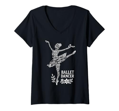 Damen Floral Word Cloud Ballerina Affirmations Ballett Tanzen T-Shirt mit V-Ausschnitt von Botanical Ballerina Ballet Dance Minimal Design