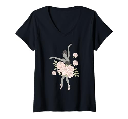 Damen Floral Tutu Blooming Ballerina Balletttänzerin T-Shirt mit V-Ausschnitt Damen Floral Tutu Blooming Ballerina Balletttänzerin T-Shirt mit V-Ausschnitt von Botanical Ballet Dancer Minimal Ballerina Design