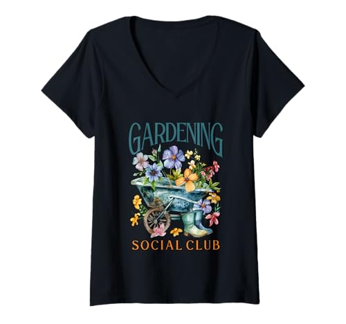 Damen Gartenarbeit Social Club Bunte Blumen Schubkarre T-Shirt mit V-Ausschnitt Damen Gartenarbeit Social Club Bunte Blumen Schubkarre T-Shirt mit V-Ausschnitt von Botanical Enthusiasts Floral Club Nature
