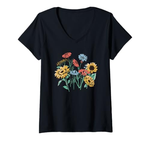 Damen Boho Cottagecore Wildblumen Sonnenblumen und Blumen T-Shirt mit V-Ausschnitt Damen Boho Cottagecore Wildblumen Sonnenblumen und Blumen T-Shirt mit V-Ausschnitt von Botanical Floral Gardener