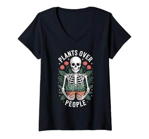 Damen Plants Over People Skelett Sukkulenten Lustig Botanisch Goth T-Shirt mit V-Ausschnitt Damen Plants Over People Skelett Sukkulenten Lustig Botanisch Goth T-Shirt mit V-Ausschnitt von Botanical Goth Humor Plants Over People