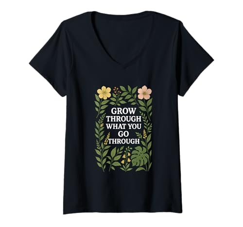 Damen Botanische Motivationskunst wachsen durch Blumen Pflanzen T-Shirt mit V-Ausschnitt Damen Botanische Motivationskunst wachsen durch Blumen Pflanzen T-Shirt mit V-Ausschnitt von Botanical Vibes Studio