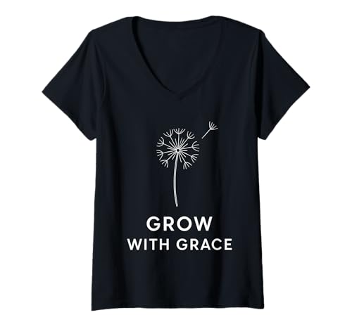 Damen Grow with Grace | Minimalistisches Löwenzahn-botanisches Design T-Shirt mit V-Ausschnitt von Botanical Vibes Studio