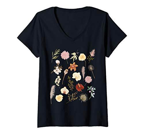Damen Vintage Boho Blumen Botanik Hippie Floristin Blumenfee T-Shirt mit V-Ausschnitt von Botanik Blumen Liebhaber Outfits