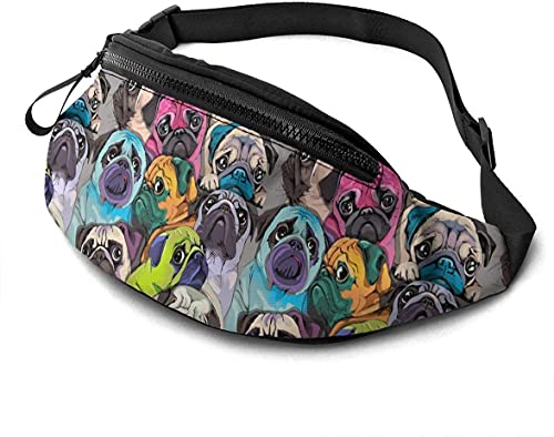 Bunte Mops-Hund-Hüfttasche mit Kopfhörerloch, verstellbare Schultertasche, Unisex, Laufgürteltasche für Wandern, Radfahren, Sport, Bunte Mops-Hunde, lustiger Welpe, Einheitsgröße, modisch von Botell