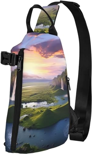 Sling Bag für Damen und Herren, Schulter-Rucksack, Umhängetasche, Brusttasche, kurzhaarig, Pomeranian, Wandern, Reisen, Bauchtasche, Himmels- und Wasserfall-Landschaft, Einheitsgröße, modisch von Botell