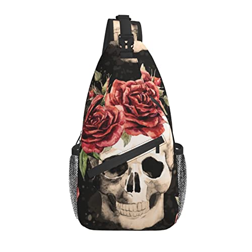 Umhängetasche mit Totenkopf-Rosen-Motiv, Umhängetasche, Tagesrucksack, Reise, Wandern, Schultertasche für Männer und Frauen, Aquarell Schädel und Rosen, Einheitsgröße, Aktentasche von Botell