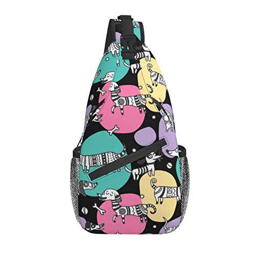 Vintage 80er Jahre Geometrische Sling Bag Crossbody Sling Rucksack Brusttasche Daypack Reise Wandern Umhängetasche für Männer Frauen, Niedliche Doodle Hunde, Einheitsgröße, Aktentasche von Botell