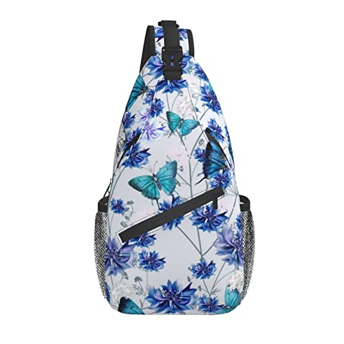 Vintage 80er Jahre Geometrische Sling Bag Crossbody Sling Rucksack Brusttasche Daypack Reise Wandern Umhängetasche für Männer Frauen, Schmetterling Morpho Kornblumen, Einheitsgröße, Aktentasche von Botell