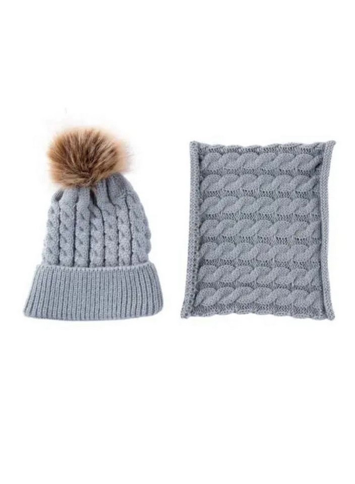 Botells Mütze & Schal Strick Set für Babys, kuschelig weich, warm und anschmiegsam (Fellimitat Bommel Mütze und Loop Schal, 2) Schickes Strickdesign von Botells