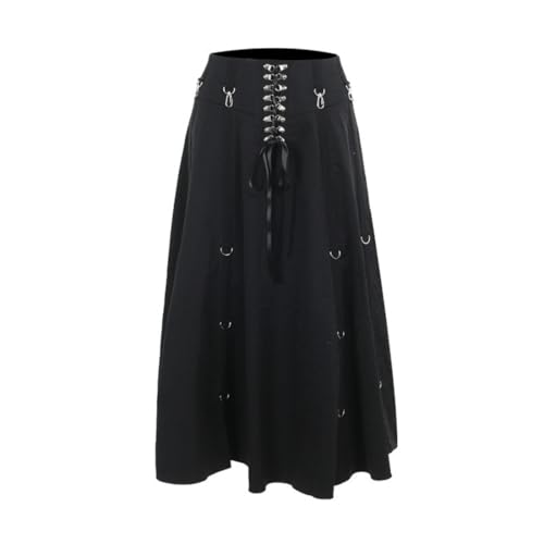 Damen Goth Hohe Taille Lange Flowy Röcke Y2k Sommer Fee Maxi Röcke Schwarz Rüschen Rock Grunge Punk Rock, Schwarz, Mittel von Botenwall