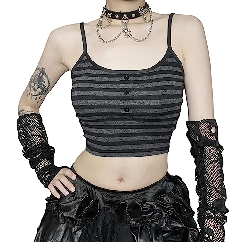 Gothic gestreiftes Crop Top Goth Sommerkleidung Alt Tank Top Y2k Shirts E-Girl Cropped Cami Rave Outfit Rippstrick Shirt, Schwarzes Tanktop Goth Top, Groß von Botenwall