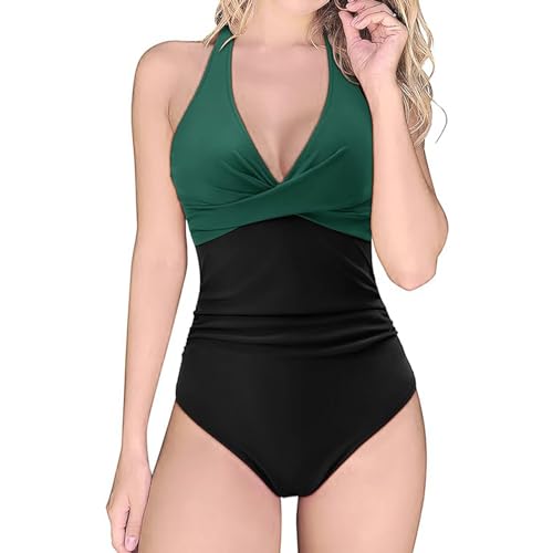 Badeanzug Damen V Ausschnitt Neckholder Bauchweg Schwimmanzug Push Up Badeanzüge Bademode Monokinis Badeanzug Rückenfrei mit Cups (A-Grün/Schwarz, XL) von Boteria