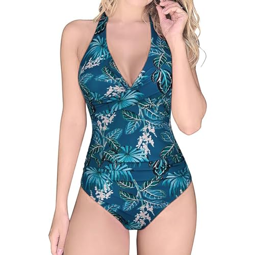 Badeanzug Damen V Ausschnitt Neckholder Bauchweg Schwimmanzug Push Up Badeanzüge Bademode Monokinis Badeanzug Rückenfrei mit Cups (A-blaues Blatt, L) von Boteria