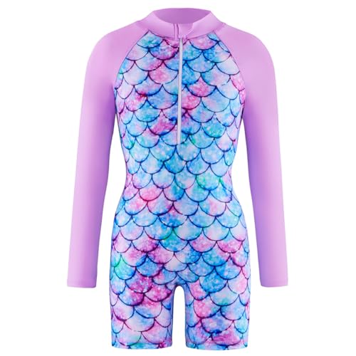 Mädchen Badeanzug Einteiler Schwimmanzug UPF 50+ Schutz Langarm Bademode Kinder Sonnenschutz Badeanzug Swimsuit (Lila, 120（6-7 Jahre）) von Boteria