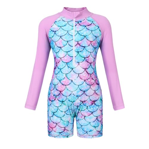 Mädchen Badeanzug Einteiler Schwimmanzug UPF 50+ Schutz Langarm Bademode Kinder Sonnenschutz Badeanzug Swimsuit (Lila, 150（10-12 Jahre）) von Boteria