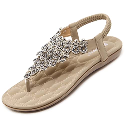 Sandalen Damen Sommer Flach Bequem Zehentrenner Sandaletten mit Strass Perlen Frauen Weiches Fussbett Bohemian Outdoor Strand Schuhe Beige 37 (36EU) von Bothevin