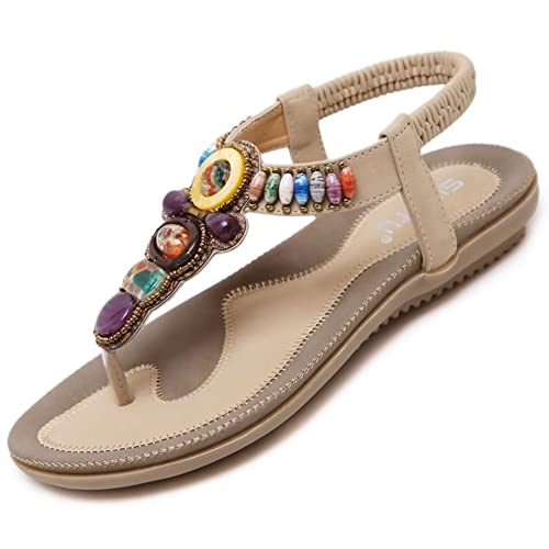 Sandalen Damen Sommer Flach Bequem Zehentrenner Sandaletten mit Strass Perlen Frauen Weiches Fussbett Bohemian Outdoor Strand Schuhe Beige 38 (37EU) von Bothevin