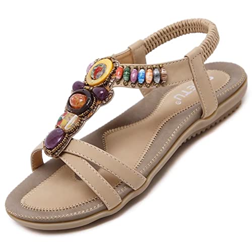 Sandalen Damen Sommer Flach Bequem Zehentrenner Sandaletten mit Strass Perlen Frauen Weiches Fussbett Bohemian Outdoor Strand Schuhe Beige 39 (38EU) von Bothevin