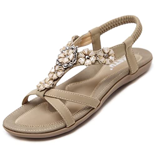 Sandalen Damen Sommer Flach Bequem Zehentrenner Sandaletten mit Strass Perlen Frauen Weiches Fussbett Bohemian Outdoor Strand Schuhe Beige 44 (43EU) von Bothevin