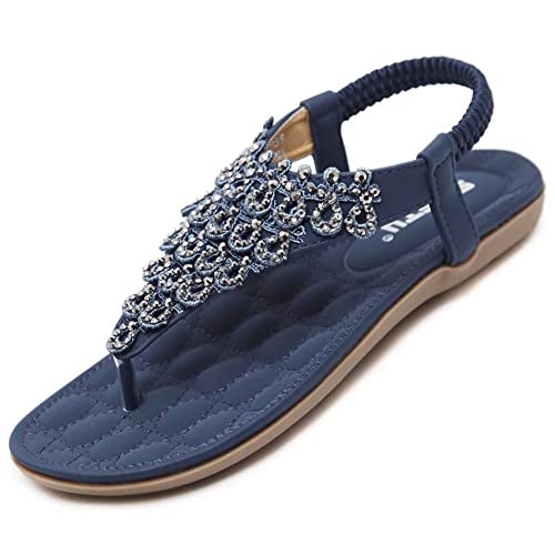 Sandalen Damen Sommer Flach Bequem Zehentrenner Sandaletten mit Strass Perlen Frauen Weiches Fussbett Bohemian Outdoor Strand Schuhe Blau 37 (36EU) von Bothevin