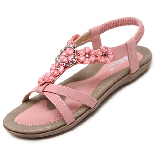 Sandalen Damen Sommer Flach Bequem Zehentrenner Sandaletten mit Strass Perlen Frauen Weiches Fussbett Bohemian Outdoor Strand Schuhe Rosa 37 (36EU) von Bothevin