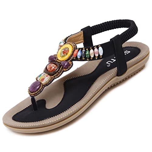 Sandalen Damen Sommer Flach Bequem Zehentrenner Sandaletten mit Strass Perlen Frauen Weiches Fussbett Bohemian Outdoor Strand Schuhe Schwarz 37 (36EU) von Bothevin