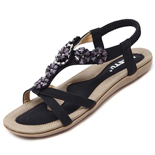 Sandalen Damen Sommer Flach Bequem Zehentrenner Sandaletten mit Strass Perlen Frauen Weiches Fussbett Bohemian Outdoor Strand Schuhe Schwarz 37 (36EU) von Bothevin