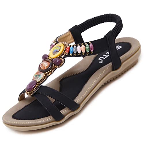 Sandalen Damen Sommer Flach Bequem Zehentrenner Sandaletten mit Strass Perlen Frauen Weiches Fussbett Bohemian Outdoor Strand Schuhe Schwarz 39 (38EU) von Bothevin