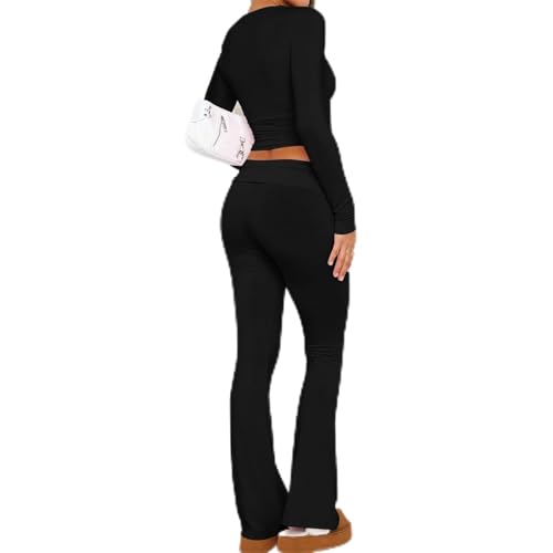 Lounge Set Damen | Skim Dupe Long Sleeve Fit 2 Stück Set | Cotton Jersey Set (Langarm Crop Top und Low Rise Flare Pants) | Yoga Chill 2 Teiliges Lounge | Zweiteiler Skim Inspiriert Lounge für Frauen von Botiniv