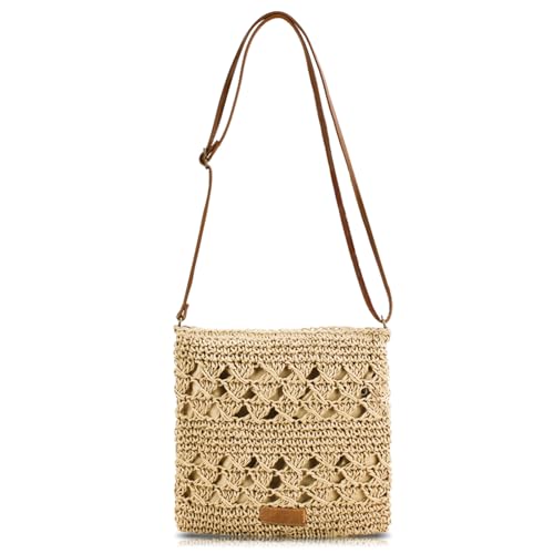 Bototack Sommer-Strohtasche für Damen, kleine Strand-Crossbody-Tasche mit Reißverschluss und verstellbarem Riemen, Bohemian-Webart, handgefertigte Schulterhandtaschen für Urlaub, Strand, Reisen, von Bototack
