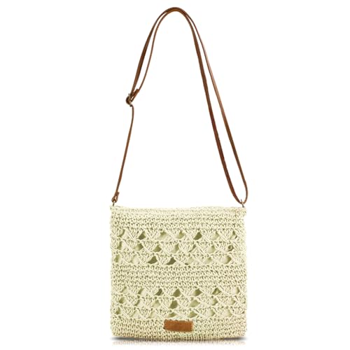 Bototack Sommer-Strohtasche für Damen, kleine Strand-Crossbody-Tasche mit Reißverschluss und verstellbarem Riemen, Bohemian-Webart, handgefertigte Schulterhandtaschen für Urlaub, Strand, Reisen, Bototack Sommer-Strohtasche für Damen, kleine Strand-Crossbody-Tasche mit Reißverschluss und verstellbarem Riemen, Bohemian-Webart, handgefertigte Schulterhandtaschen für Urlaub, Strand, Reisen, von Bototack