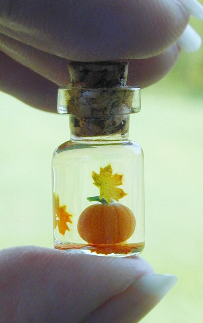 Kleiner Kürbis Und Herbstlaub in Kleinem Fläschchenanhänger Kleiner Kürbis Und Herbstlaub in Kleinem Fläschchenanhänger von BottledUpShop
