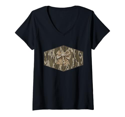 Damen Bottomland Camo Leopard Schleife Band Jagd Frauen Mädchen T-Shirt mit V-Ausschnitt von Bottomland Camo Leopard Bow Ribbon Hunting Camo