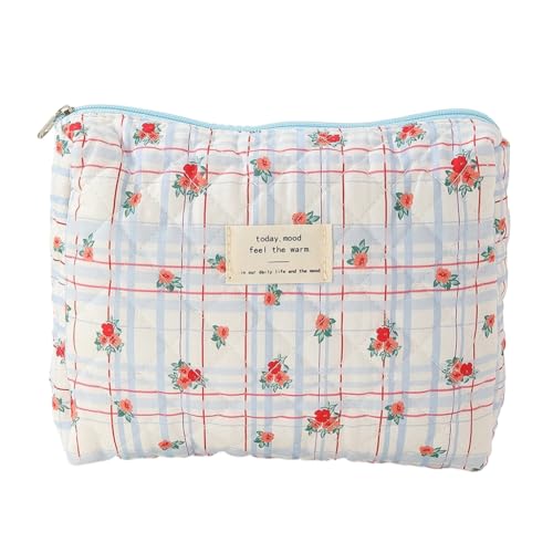 Bottone Stilvolle Make-up-Tasche, großes Fassungsvermögen, Reise-Kulturbeutel, Organizer mit Blumenmuster, Blau kariert rot fließend von Bottone