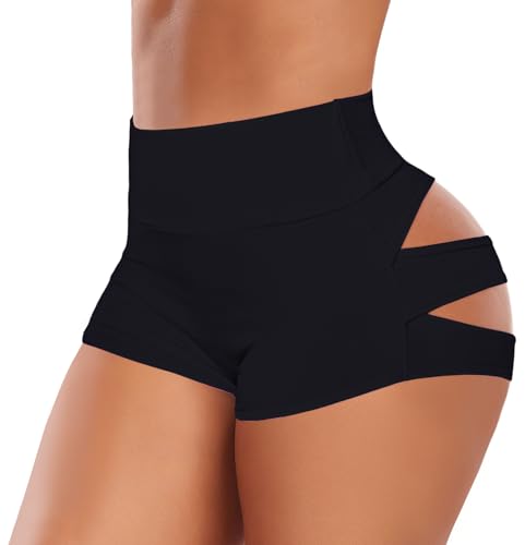 Yoga-Shorts mit Ausschnitt, hohe Taille, Workout, Fitnessstudio, aktive Hotpants, #1 Schwarz, Mittel von Boudaner